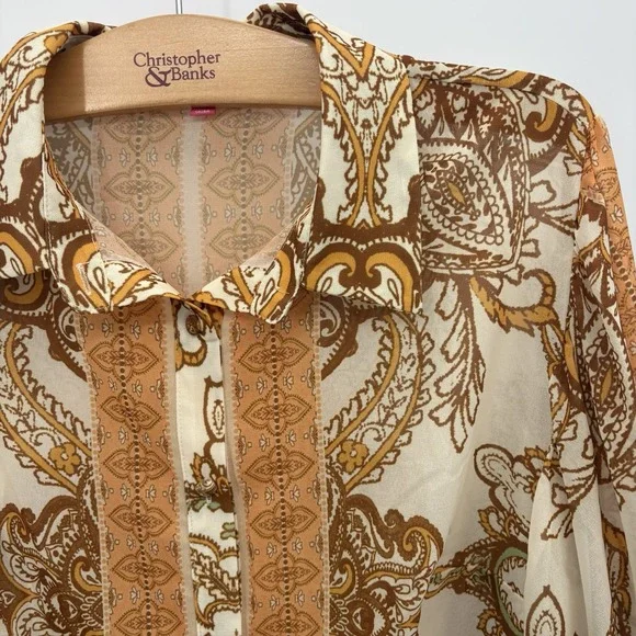 Flying Tomato Back To You Woven Button Up Top Paisley Ballon Sleeve Women Size L - Picture 3 of 7